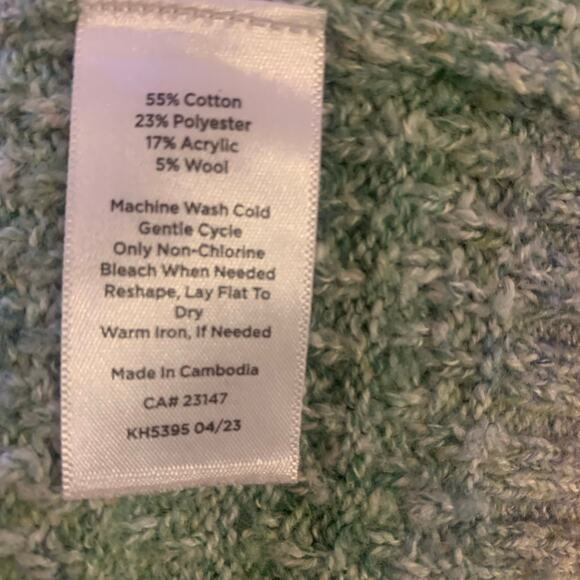 Talbots Striped Pullover Sweater Womens L Green Button Mock Neck Ribbed Wool - Picture 8 of 8